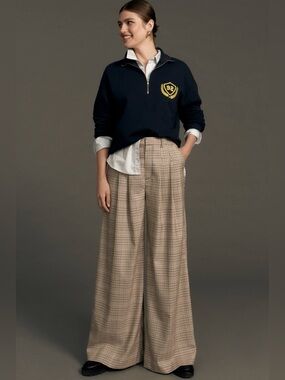 Maeve The Avery Pleated Wide-Leg Trousers Plaid in Ivory Combo - Size 8
